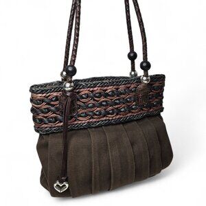 Brighton Weathered Canvas Shoulder Purse Chunky Straw Top Braided Strap Boho Bag